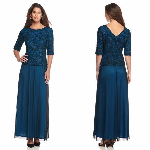 New! ALEX EVENINGS Women's Embroidered V-Back Dress Gown Size 10 Black/Royal - Picture 1 of 4